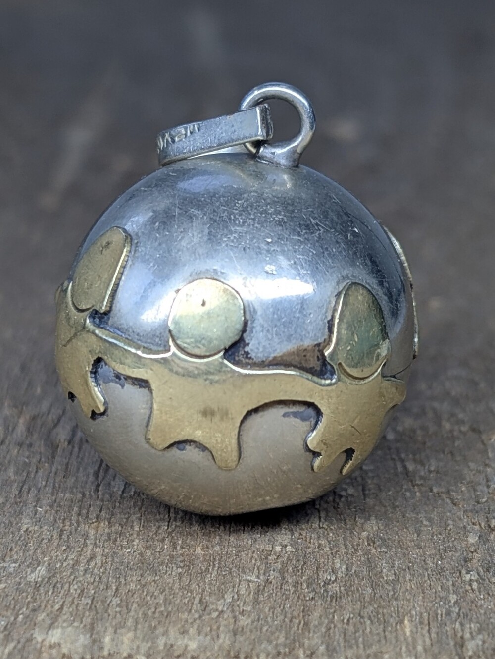 Vintage Mexican Alpaca Silver Harmony Ball Pendant with Raised Brass Children